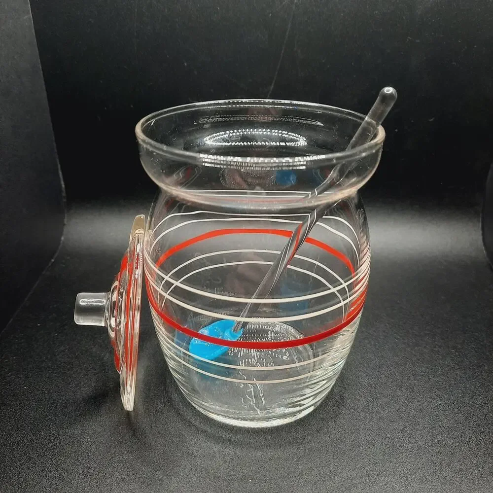 Vintage Mid-Century Red & White Striped Honey Jam Jar Pot Lid Glass Spoon